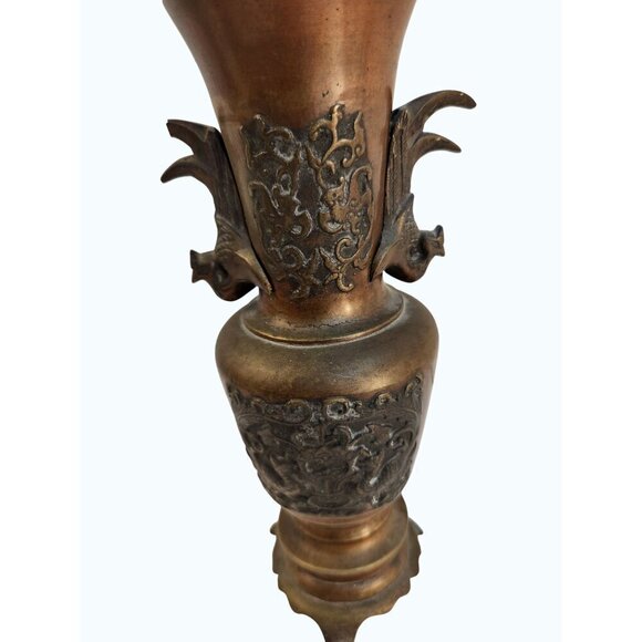 Antique Bronze Vase 19th Century Chinese Peacock Handled Altar Vases 9.5 Tall - Picture 8 of 12